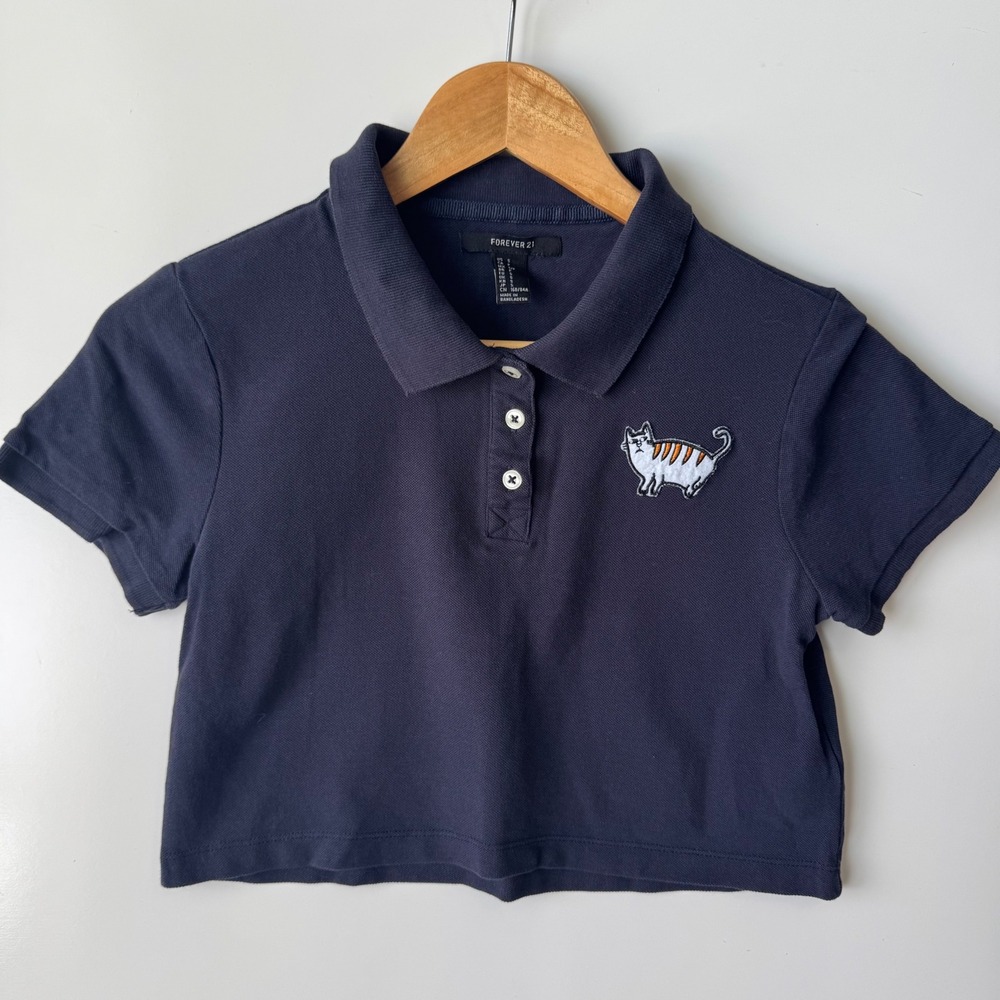 Forever 21 Crop Top Polo Shirt Cat Embroidery‎ Short Sleeve Navy S